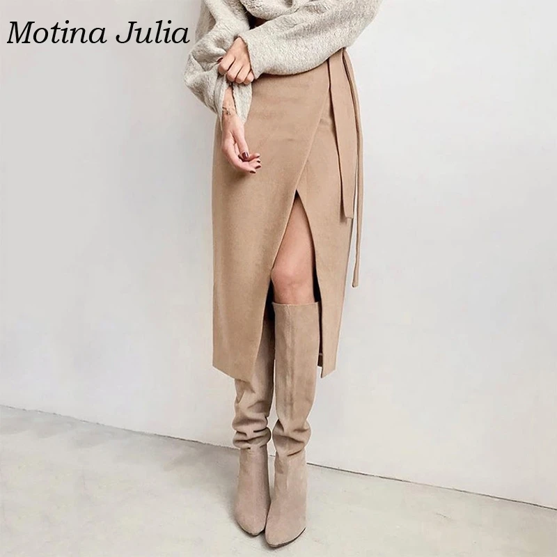Motina Julia 2019 осень зима замша юбка warp женская сексуальная миди с бантом уличная Нижняя|Женские юбки| |