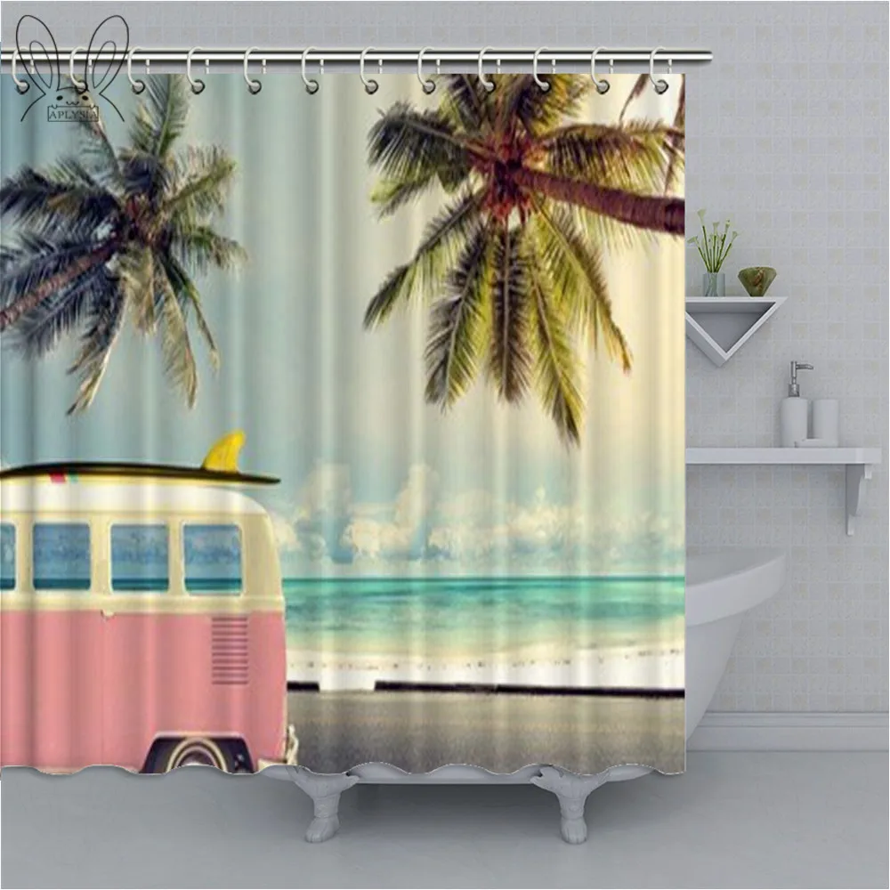

Aplysia винтажный автомобиль на пляже с доской для серфинга на крыше художественный Декор принт украшения для ванной комнаты ткань занавески д...
