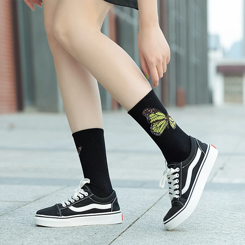 3 Pairs/Box Kawaii Cartoon Butterfly Stockings Cotton Harajuku White Print Bow Fashion Pack Gift Streetwear Men Women Long Socks