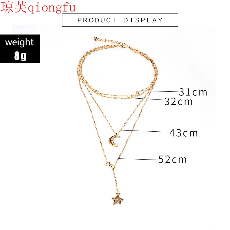 

2021 women jewelry popular fashion personality moon diamond five-pointed star multi-layer necklace retro style spiritual jewelry