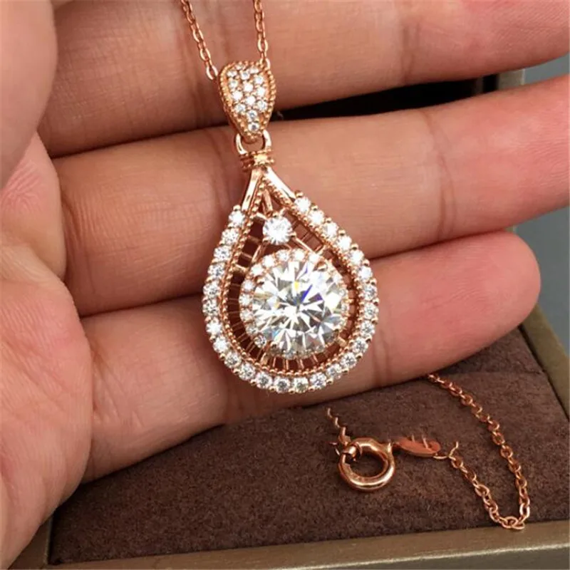 

Luxury Jewelry 925 Sterling Silver&Rose Gold Fill Water Drop Pendant Round Cut White Topaz CZ Diamond Women Clavicle Necklace