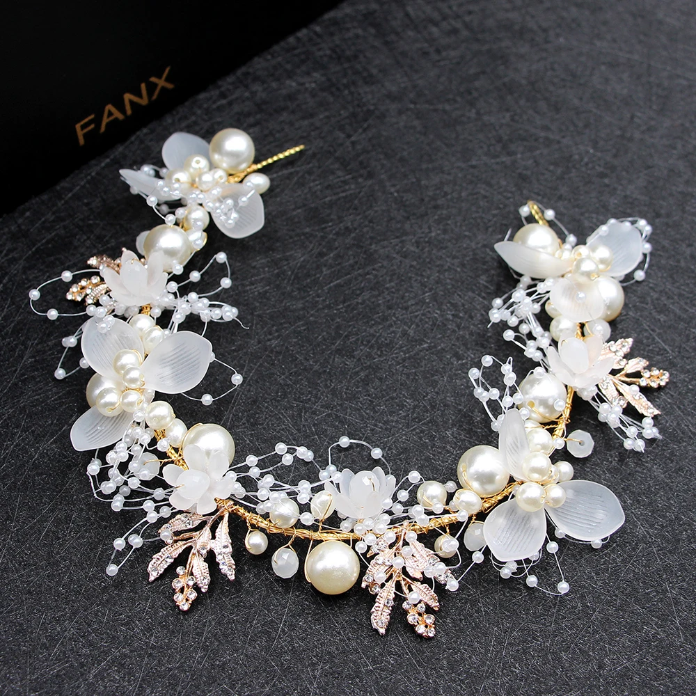 

White Handmade Bridal Girl Headwear Flower Faux Pearl Crystal Leaves Wedding Headband Women Children Hairband Hair Accessories