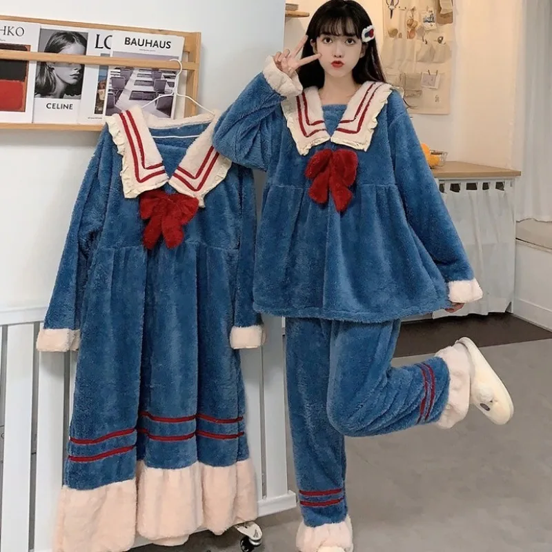 

Новинка, женские пижамы, Зимние новые бархатные брюки кораллового цвета, теплая плотная Пижама, милый плюшевый пижамный комплект с бантом/Н...