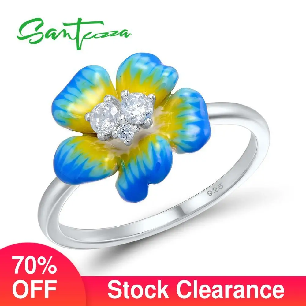 

SANTUZZA Silver Rings For Women 925 Sterling Silver Elegant Blue Blooming Flower Cubic Zirconia Ring Fashion Jewelry Enamel