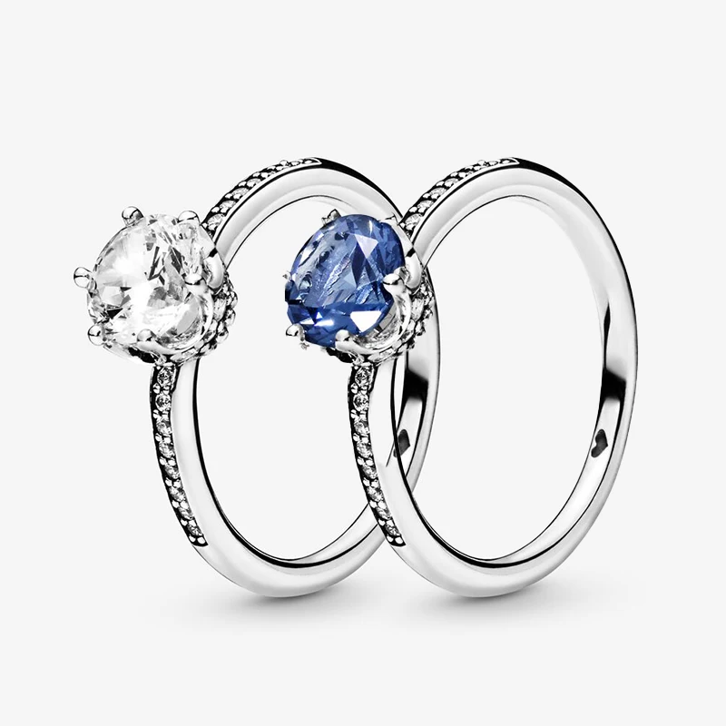 

2021 New 100% 925 Sterling Silver Rings Blue and Clear Sparkling Crown Rings for Women Engagement Jewelry Anniversary Valentine