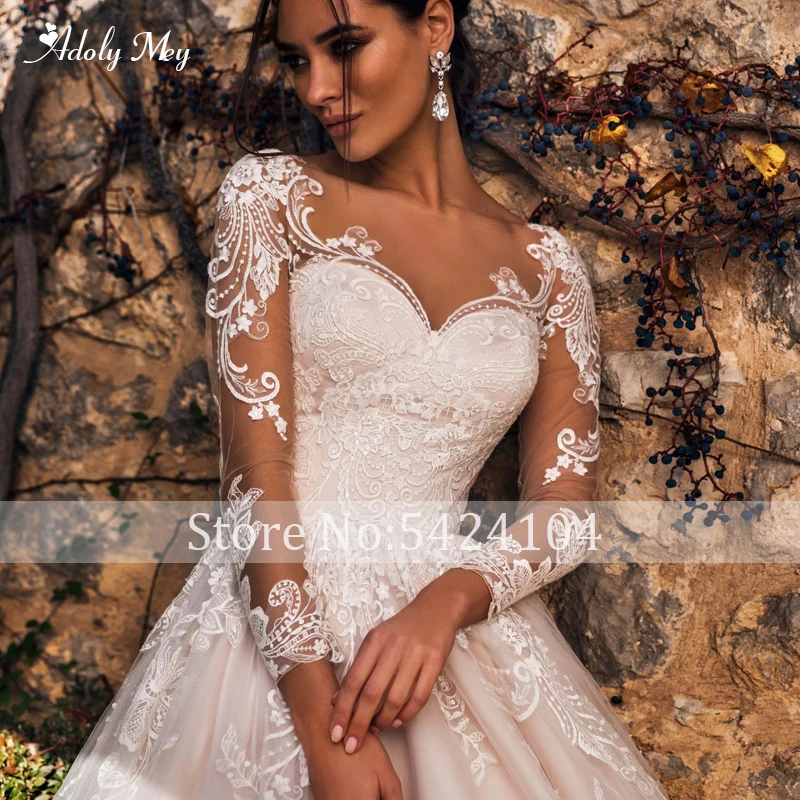 Adoly Mey Gorgeous Appliques Court Train A-Line Wedding Dresses 2020 Elegant Scoop Neck Long Sleeve Vintage Bride Gown Plus Size | Свадьбы и