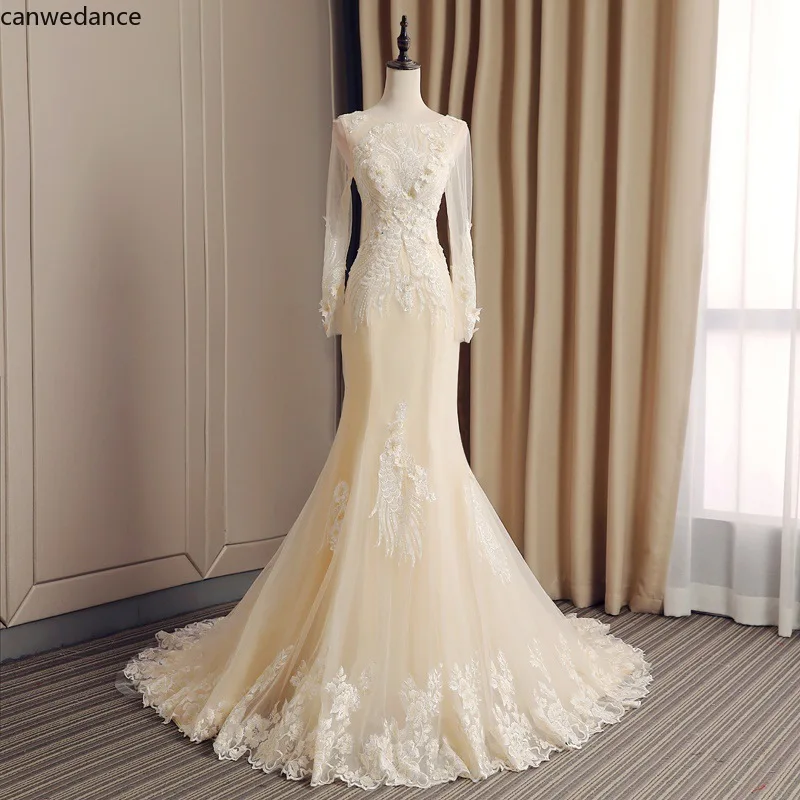 

Gorgeous Long Sleeve Mermaid Wedding Dresses Appliques Tulle Robe de Mariee Sirene Lace Up Back Vintage Vestidos de Boda
