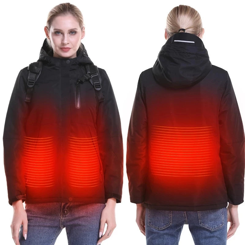 Women USB Heated Jacket Long Sleeves Hooded Coat Skiing Hiking Vests Winter Thermal Clothing Heating Windbreaker