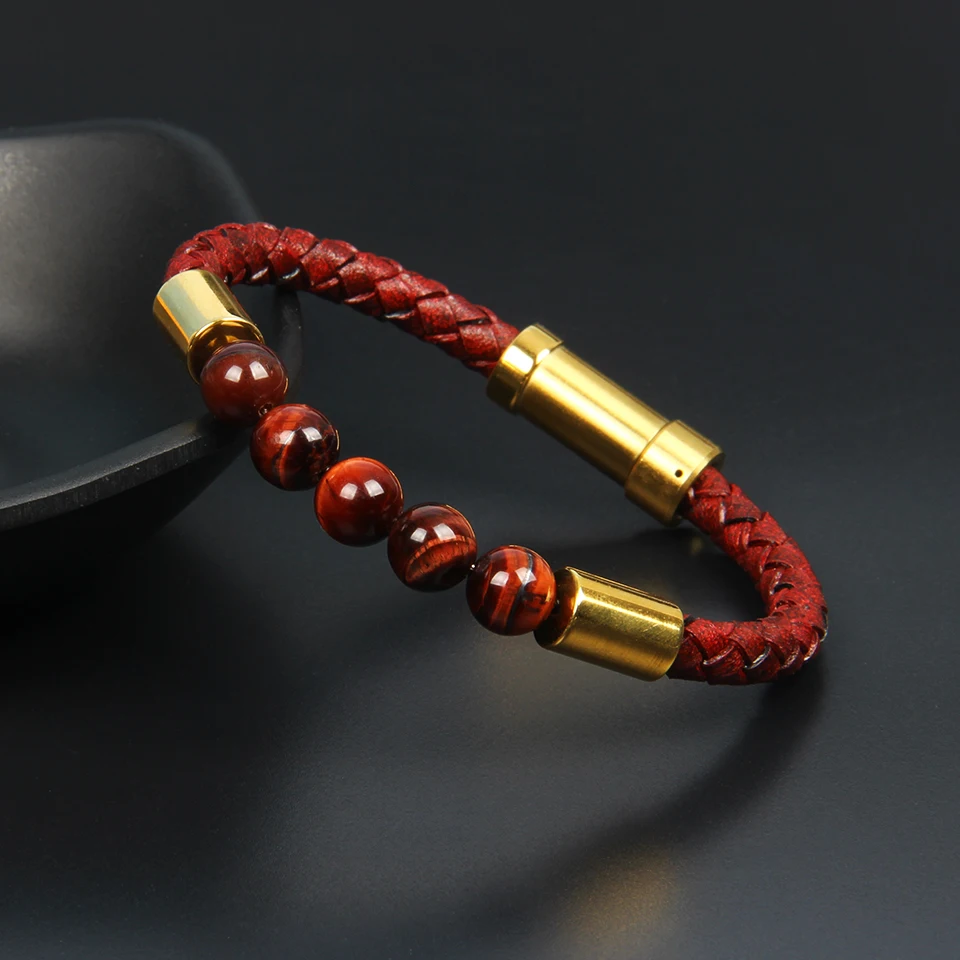 Red tiger eye Ailatu, Винтажный Мужской Браслет из натуральной яловой кожи, браслет из нержавеющей стали с застежкой, натуральный гранат, тигровый глаз, камень, бусина - Окраска металла: Red tiger eye