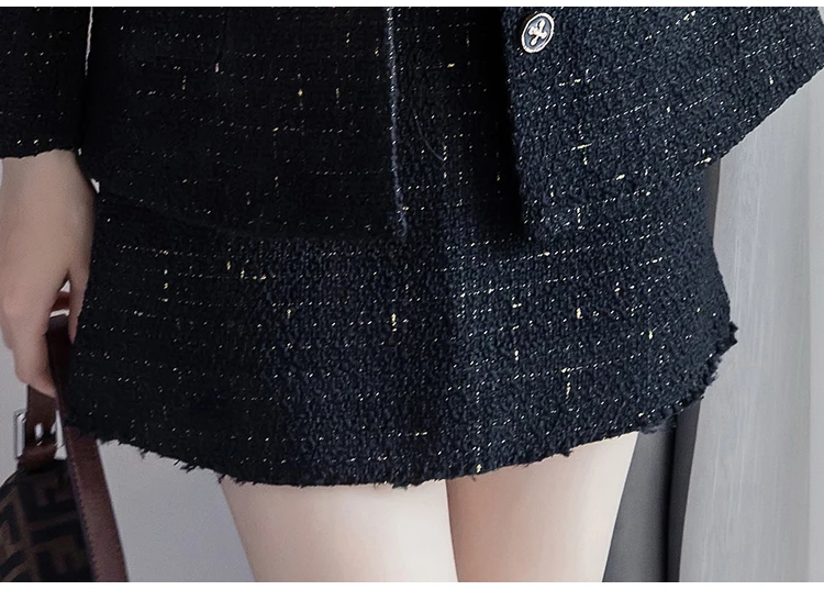 Black Tweed Blazer Skirt Two Piece Sets Autumn Winter New Ladies Tweed Jacket+ Skirt Coat Women Suits Clothes Wholesale