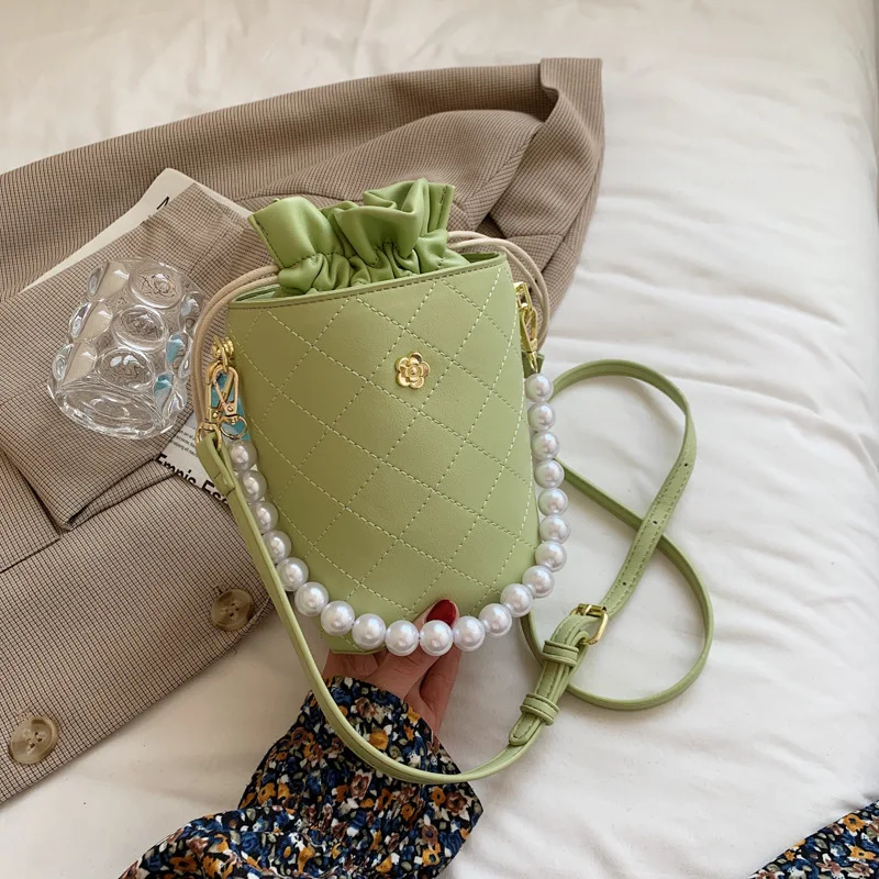 

Bag Women's Bag 2021 Summer New Pearl Hand-held Cylinder Bag Korean Fashion Simple Drawstring Single Shoulder Slant Span Bag