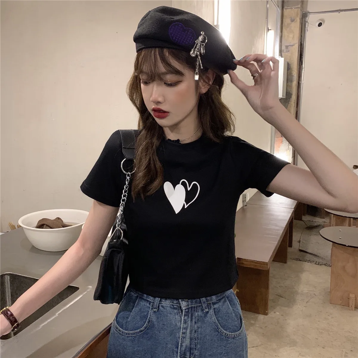 

YTX1503 women new double love printed thin short wild short-sleeved T-shirt