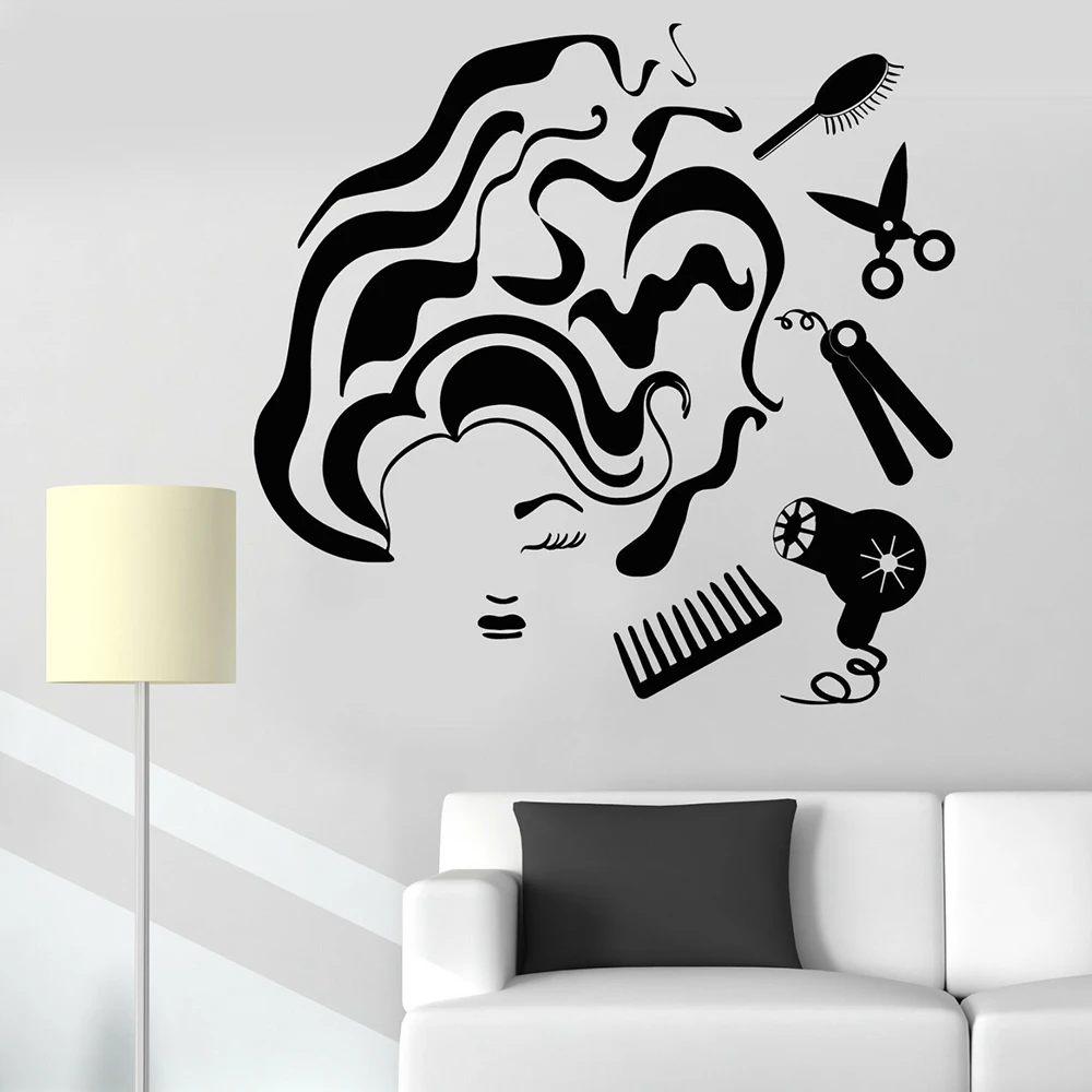 

Парикмахерские инструменты Наклейка на стену виниловые инструменты для парикмахерской женщины стилист Наклейка на стену Парикмахерская украшения аксессуары C718