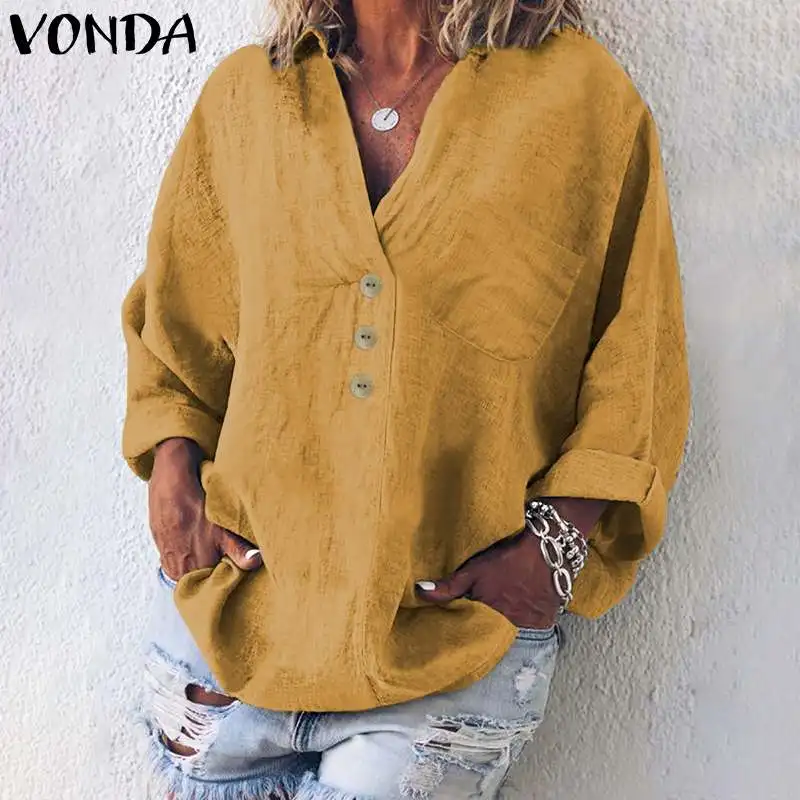 VONDA плюс размер блузка женская Топы осень винтажная Туника Повседневная Свободная V шеи с длинным рукавом женская рубашка Femininas