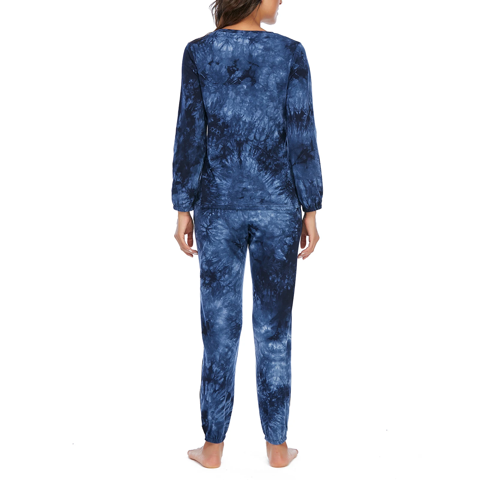 

2Pcs Women Tie-dye Pajama Set Long Sleeve Round Neck Pullover Top+Pockets Drawstring Ankle-tied Casual Trousers Home Clothes