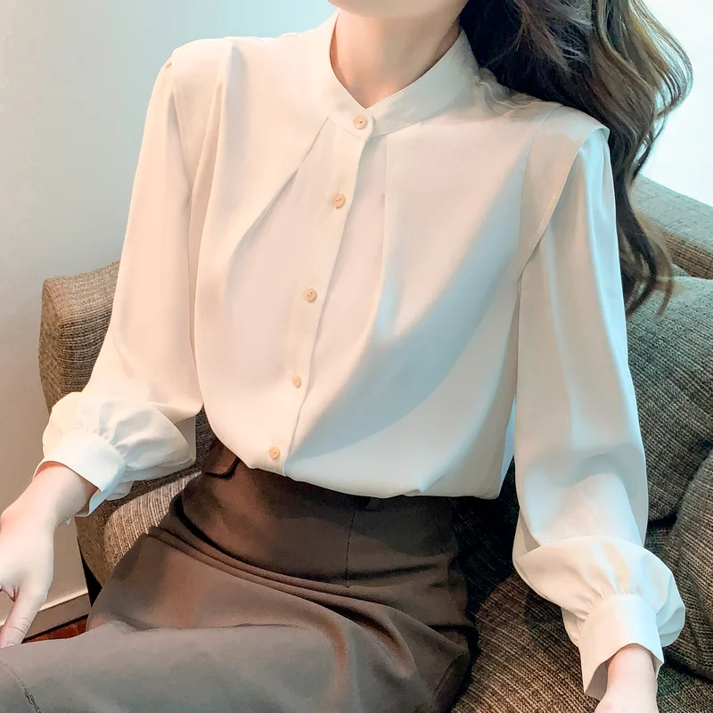 

Autumn Stand Collar Flying Sleeve Blouses Women Button Up White Chiffon Shirts Pleated Casual New Elegant Office Ladies Tops