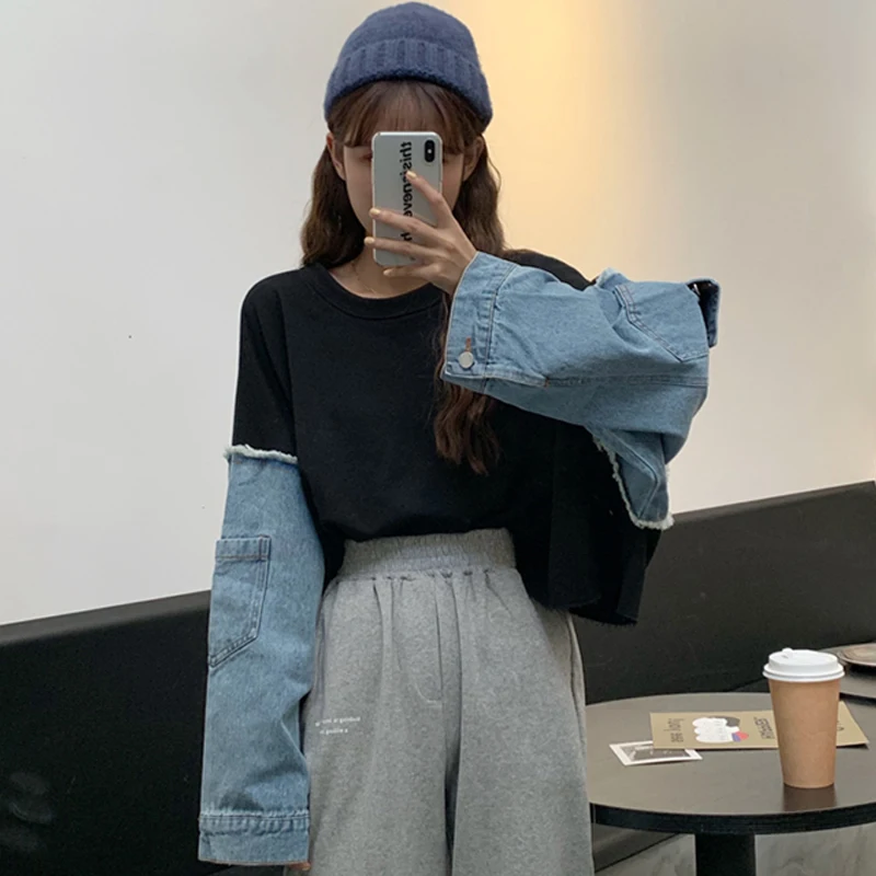 Женские свитшоты корейский шик Ulzzang джинсовая прошивка с круглым вырезом