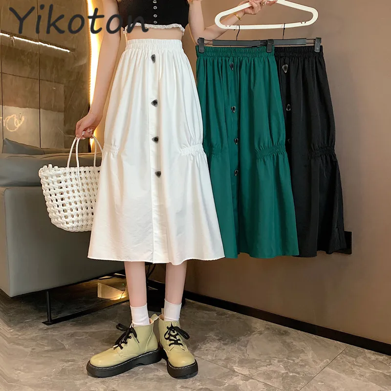 

Skirts Women Simple Solid Leisure Loose Black Long Skirt Casual Korean Style Elastic-Weight A-line Student Streetwear Temperamen