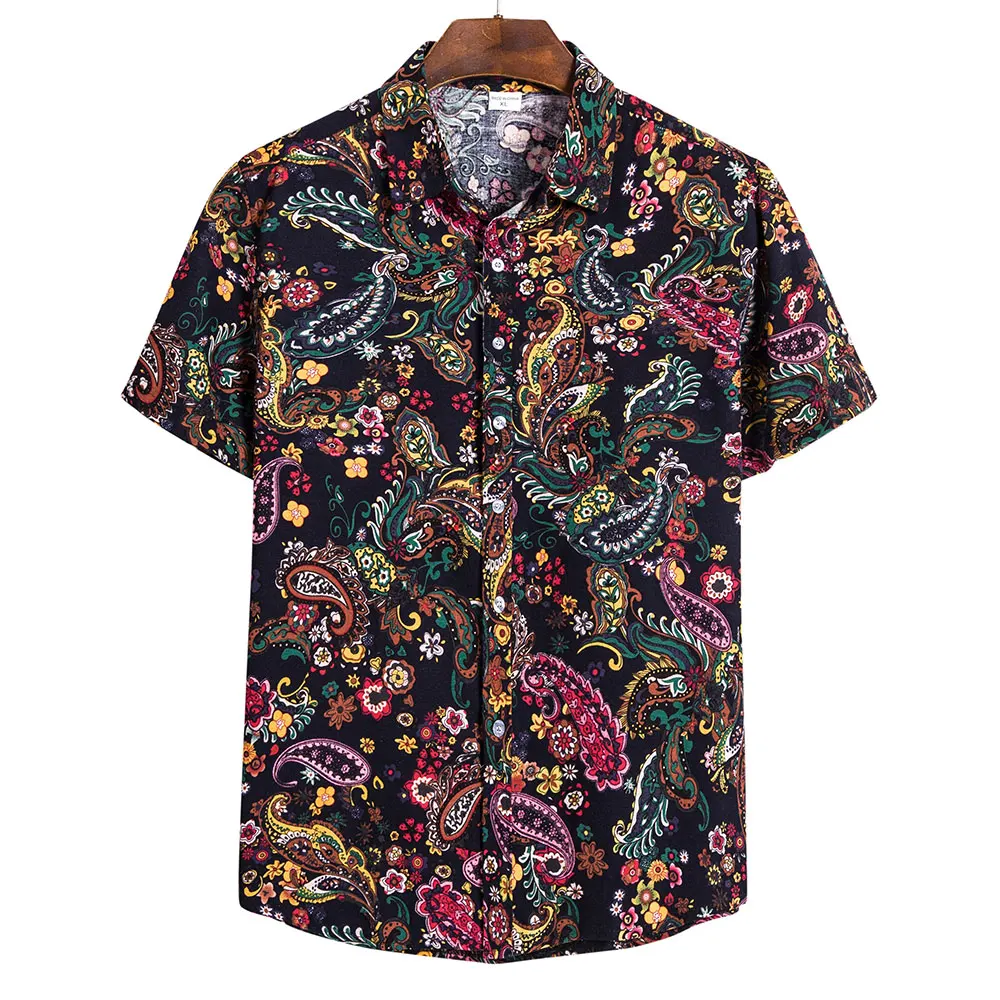 Мужская льняная рубашка с цветочным принтом отложным воротником|Повседневные