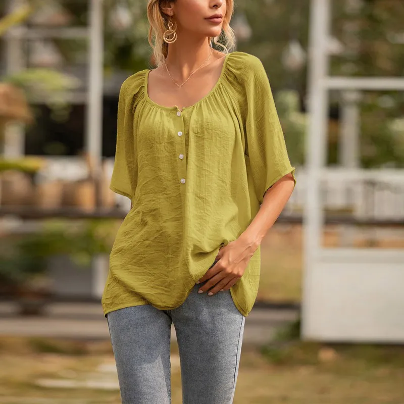 

New Women Button o-Neck T-Shirt Summer Five-Point Sleeve Fashion Female Solid Color Tops