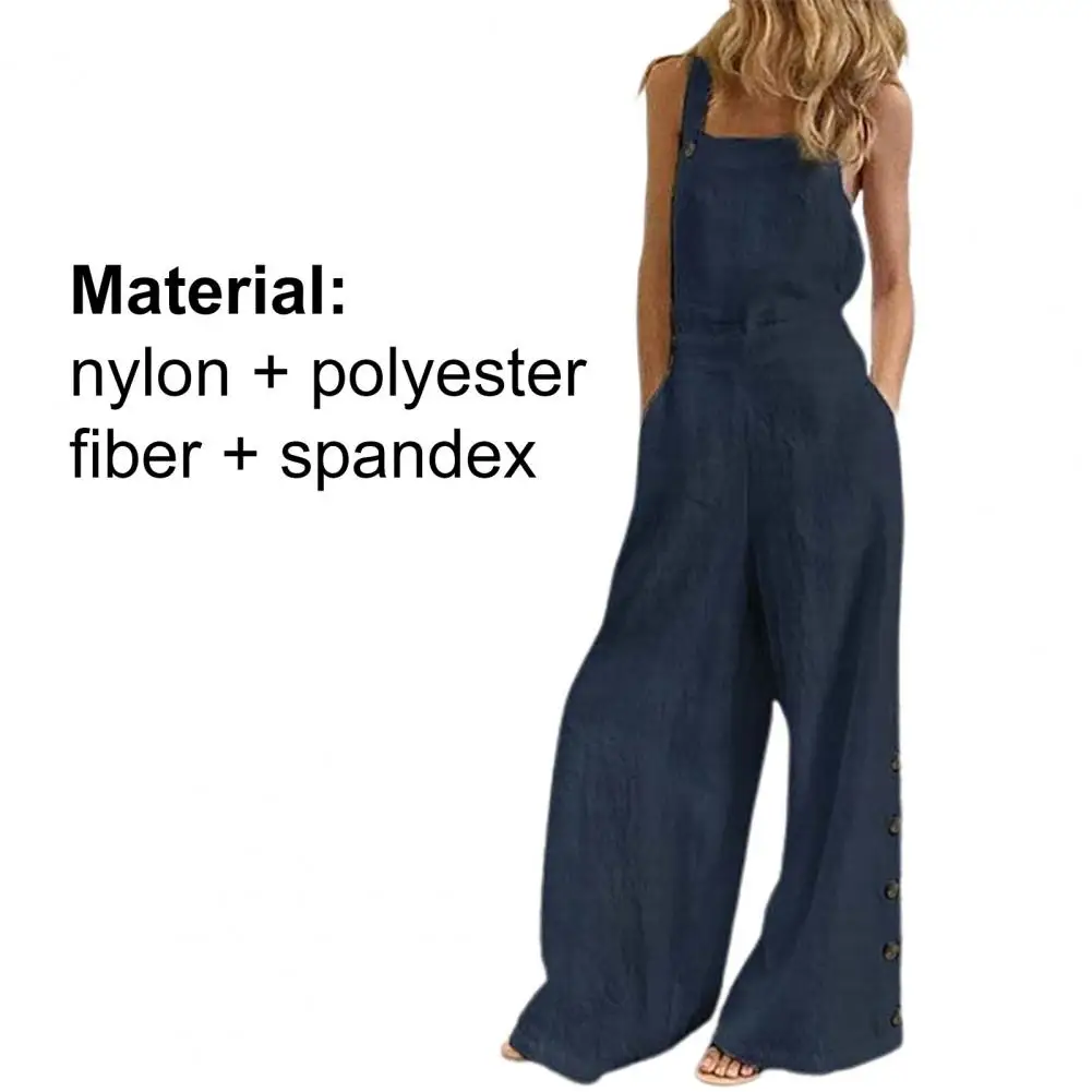 

Women Jumpsuit Summer Nylon Polyester Spandex Sleeveless Solid Color Wide Leg Pockets Loose Strappy Playsuit mono mujer verano