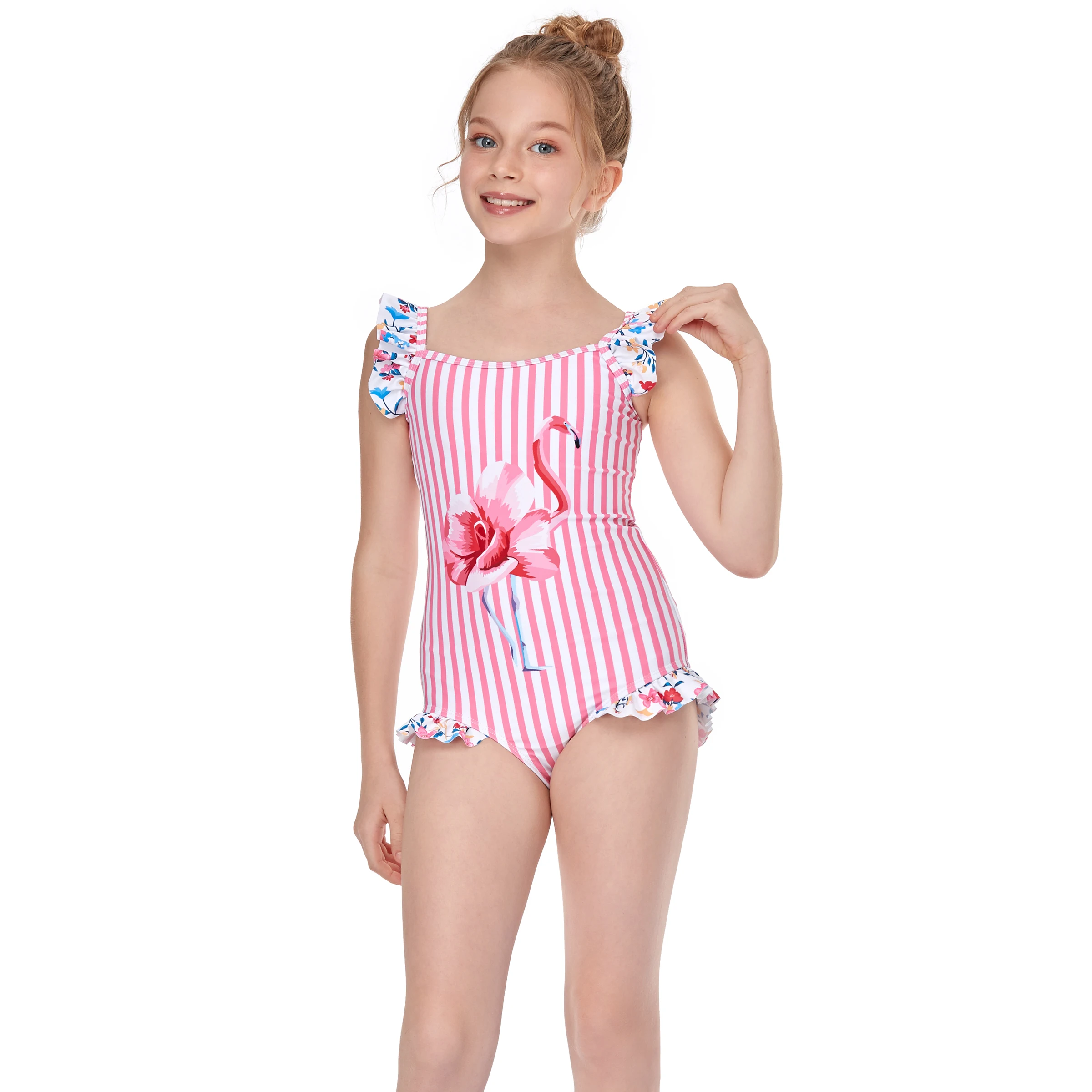 

3-14 Years Toddler Children and Teen Girls One Piece Swimsuits Ruffle Monokini Swimwear Flamingo Printed Beach Bathing Suit