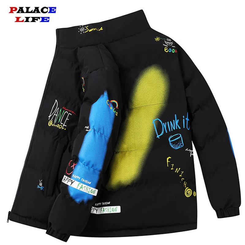 

Hip Hop Men's Letter Graffiti Print Thicken Double-sided Parkas 2021 New Winter Warm Waterproof Loose Jackets Male Oversize 8XL