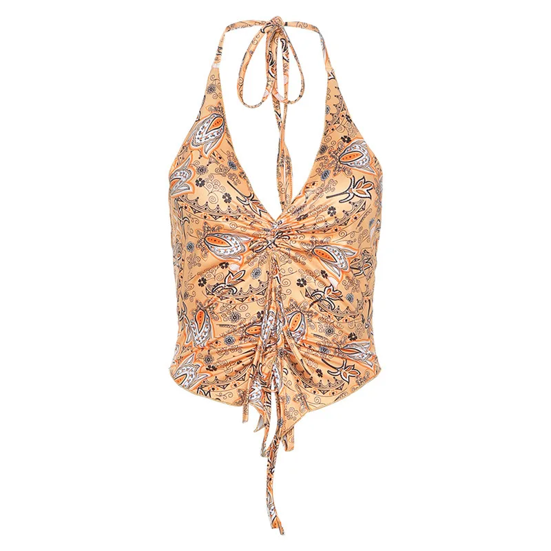 

New Sexy Print Halter Tank Top 2021 Summer Clothes for Women Backless Crop Tops Boho Graphic Low Cut Tanks Camis Fashion