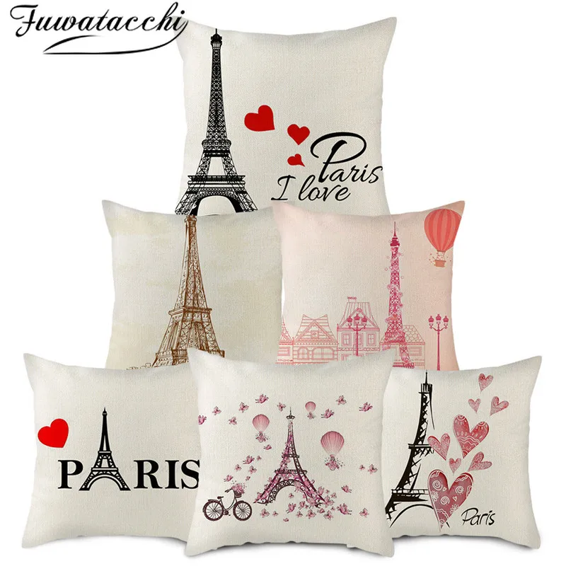 

Fuwatacchi Eiffel Tower In Paris Pillow Case Landscape Cushion CoverS Printed Linen Throw Pillows Cover for Home Sofa Decoration