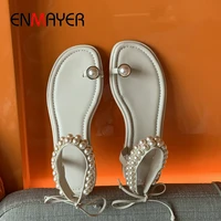 enmayer 2020 genuine leather lace up platform sandals basic casual womens shoes fashion ankle strap pearl women sandals 34 40