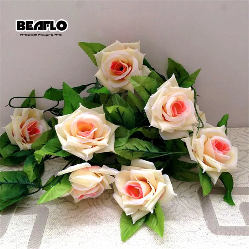 2 4 м шелка искусственные розы цветы ротанга строку лоза с зелеными листьями для