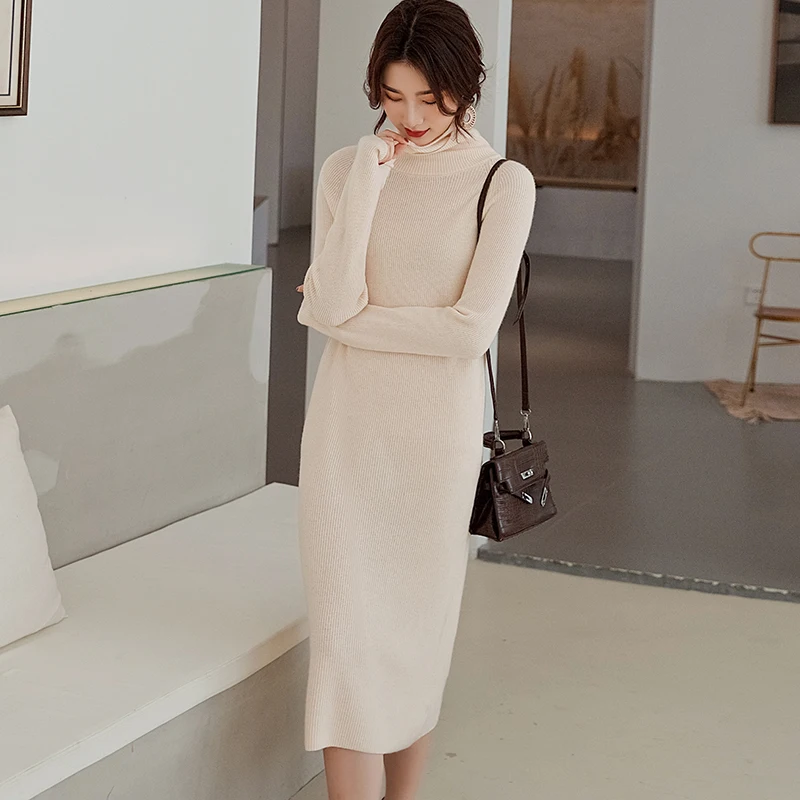 Beige-sLccQ Стиль Высокое качество Весна Осень Зима Женское вязаное платье модное гибкое офисное женское Двухслойное кашемировое платье - Цвет: Beige-sLccQ