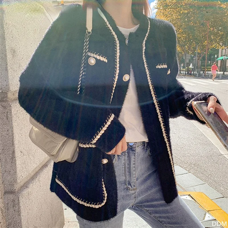 

2021 New Fashion Mink Cashmere Sweater Coat Women Autumn Winter Lazy Style Korean Retro Black Loose O Neck Knitted Cardigan Top