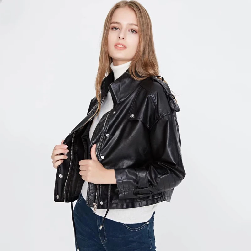 Женская мотоциклетная куртка TMODA295 черная из искусственной кожи на молнии