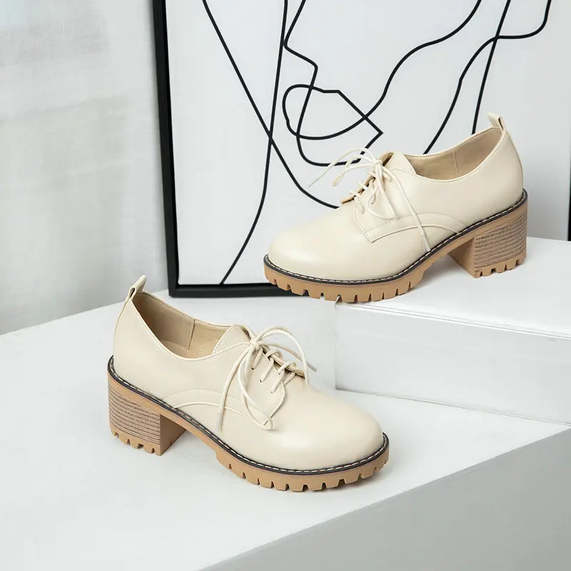 

2021 New Superfine Fiber Comfort Women Pumps Square Heel Casual Lace Up Women Shoes Round Toe Platform Ladies Shoes Size 34-43