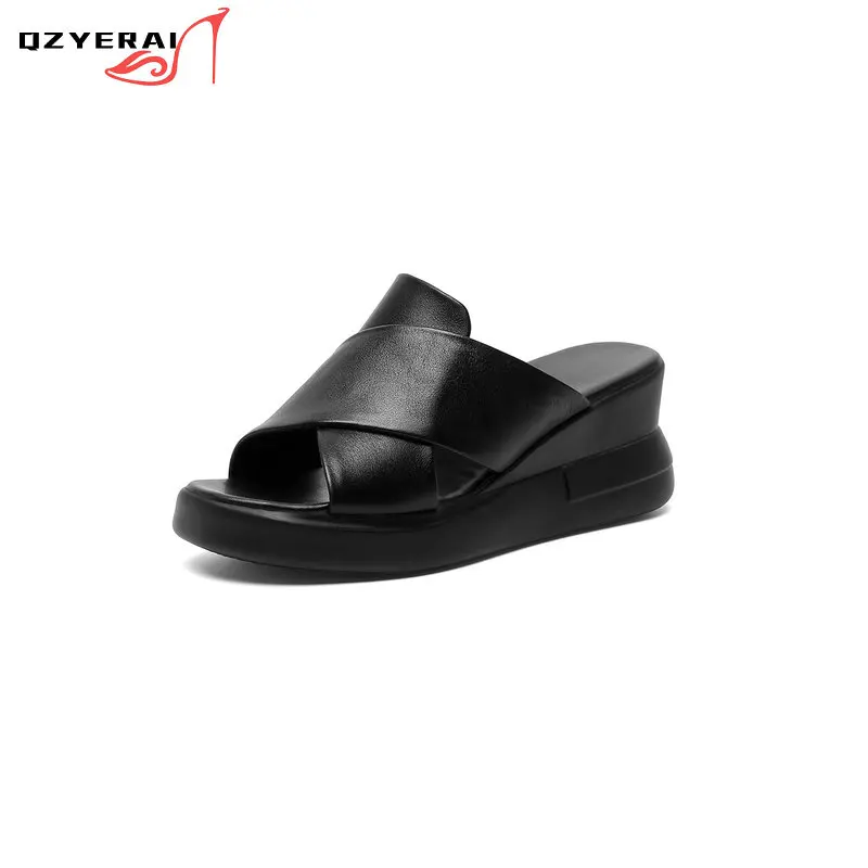 

2021 New Summer Women Slippers Genuine Leather Wedge The Bottom The Thick Sandals 100% Cowhide Slippers