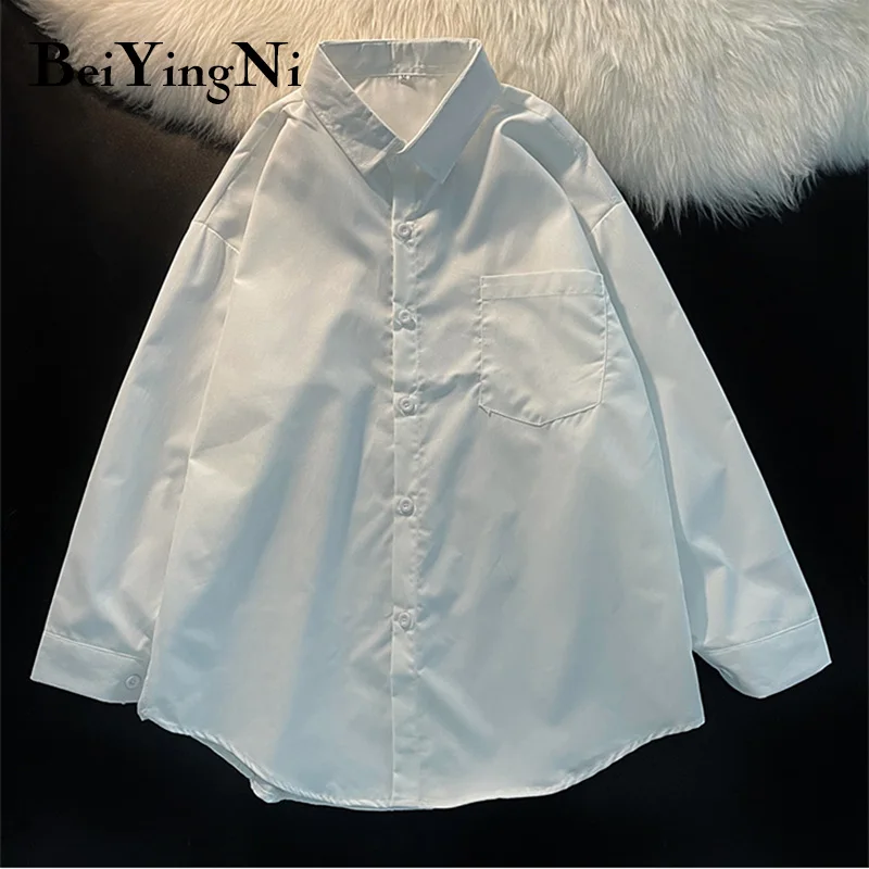 

Beiyingni White Pink Shirts Office Ladies Plain Leisure Chic Buttons Korean Long Sleeve Tops Female Loose Street Blouses Blusas