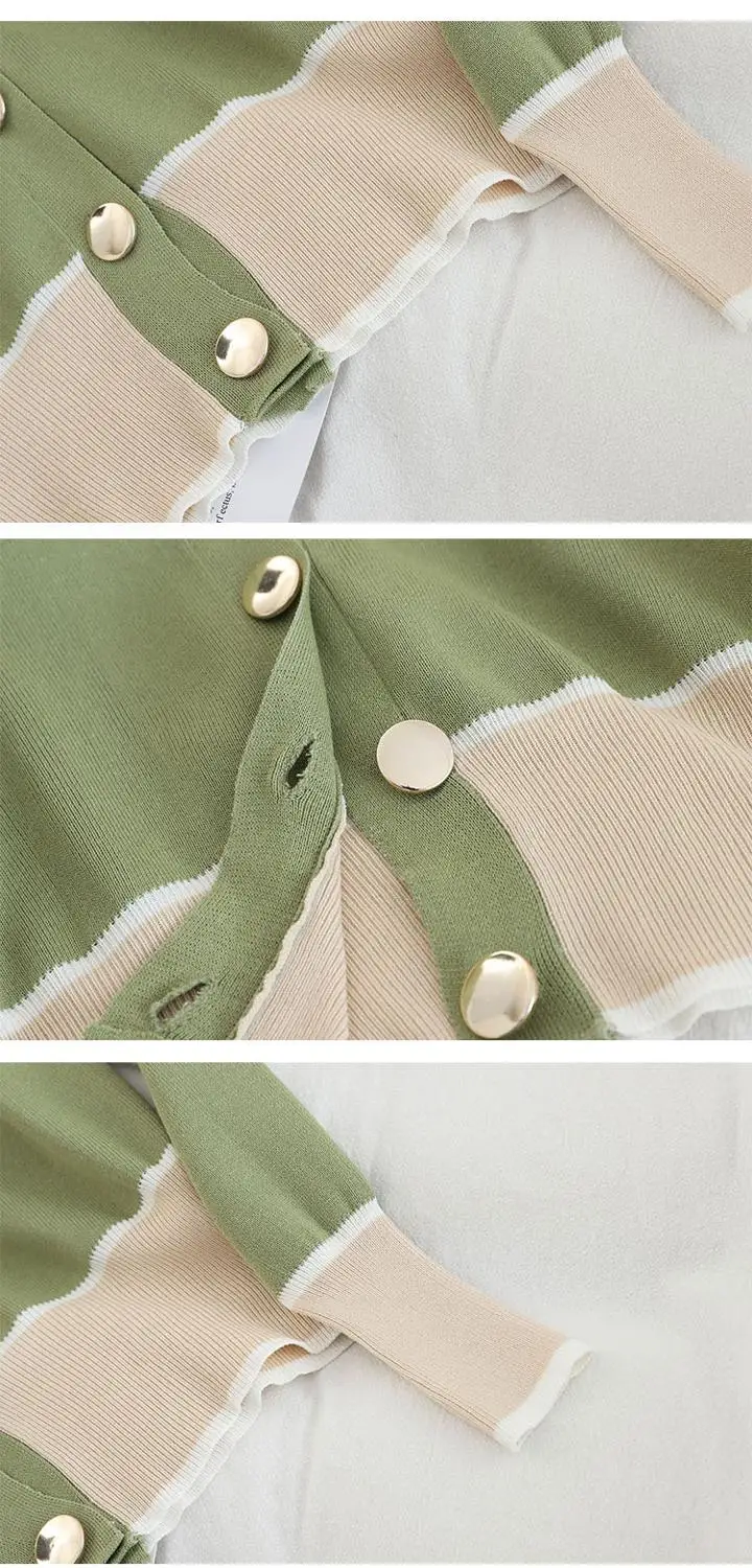 

Contrast Color Knitted Two-Piece Suit 2020 Autumn Buttoned V-Neck Cardigan + Fashionable Wide-Leg Pants Sweater Sets Women E415