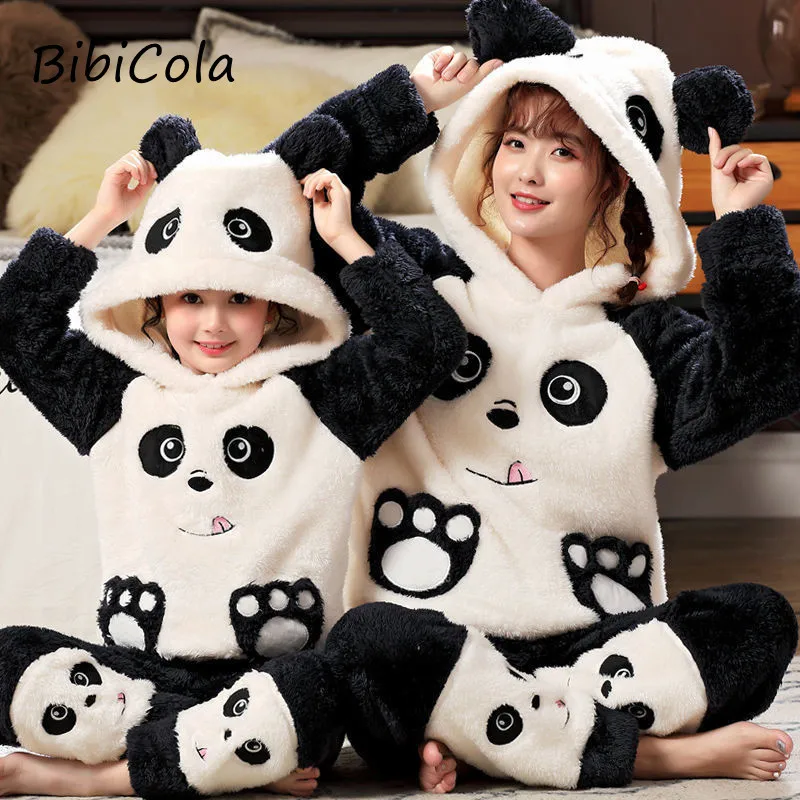

Spring and Autumn Mother and Daughter Parent-child Clothing Girls Children Coral Fleece Pajamas Plus Flannel Thickening Cute Set