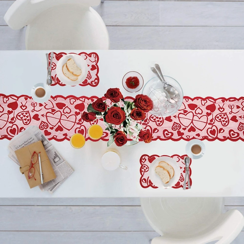 Red Heart-Shaped Valentine's Day Lace Fabric Tablecloth Wedding Party Dining Table Romantic Decoration mat Kitchen Placemat | Дом и сад