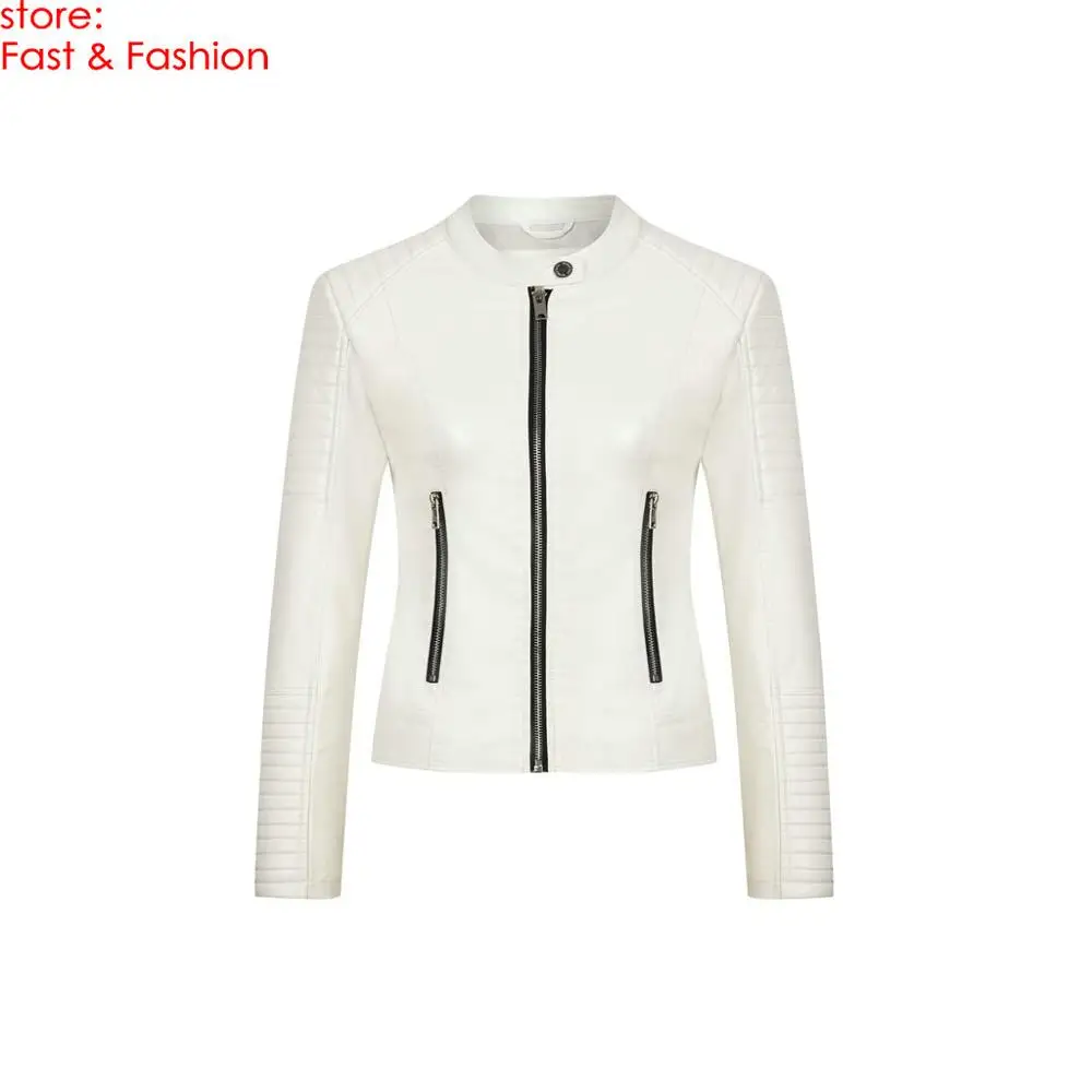 Z009 White Новинка модные женские туфли осень-зима Куртки из искусственной кожи женское; зауженный крой короткие мотоциклетные пальто Верхняя одежда черный, белый, розовый цвет - Цвет: Z009 White