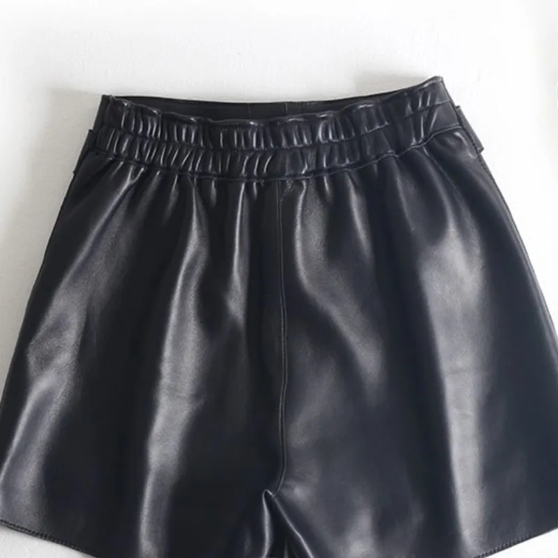 

Leather Sheepskin Genuine Wide Leg Shorts Women Elegant Black High Waist Buttons Shorts Autumn Winter Office Lady Shorts S-2XL