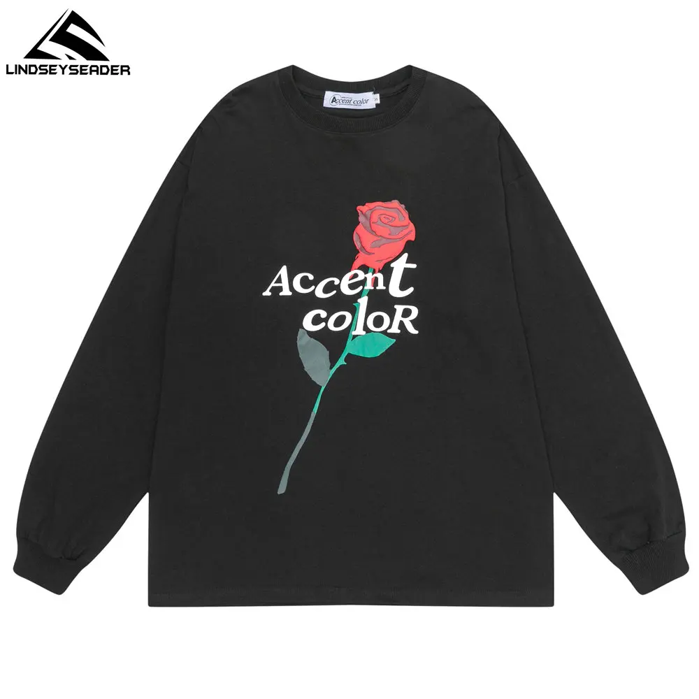 

Men's T-shirt Lovely Rose Letters Printed Hip Hop Oversized Streetwear Harajuku Full Sleeve T Shirt Cotton Tops Men Clothing