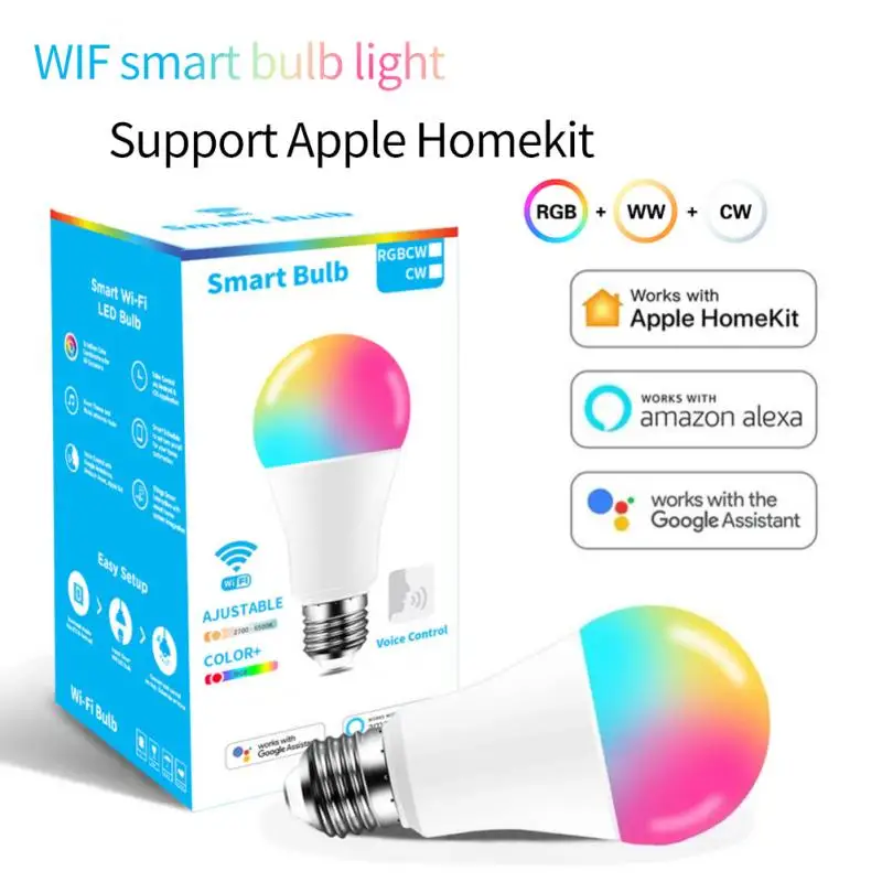 

Умная лампочка Wi-Fi E27/E26/B22 RGB + CW 9 Вт, энергосберегающая, Затемняющая светодиодная лампочка, работа с Alexa Google Home Homekit для умного дома