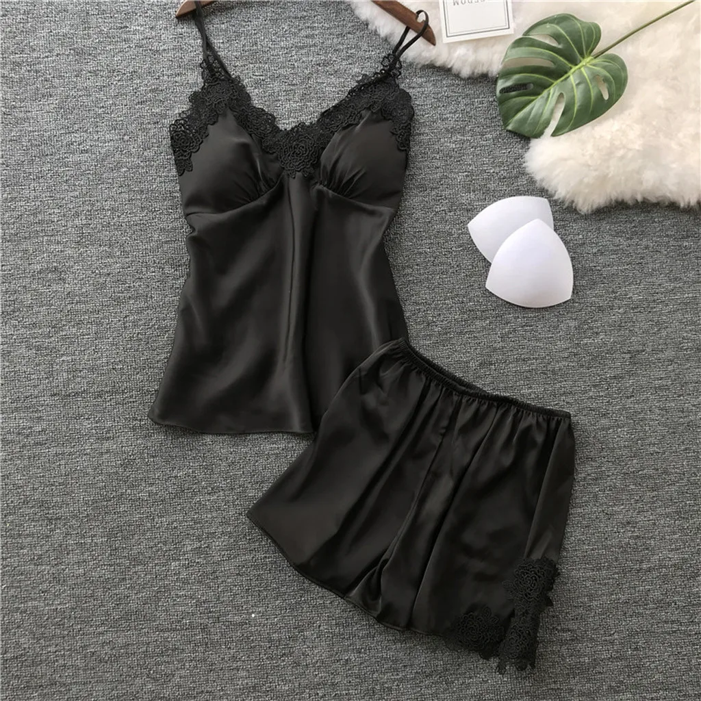 

Womens Sexy V-neck Nightwear Femme Satin Sling Shorts Sleepwear Lingerie Lace Sleeveless Underwear Set Pijama Feminino #YJ