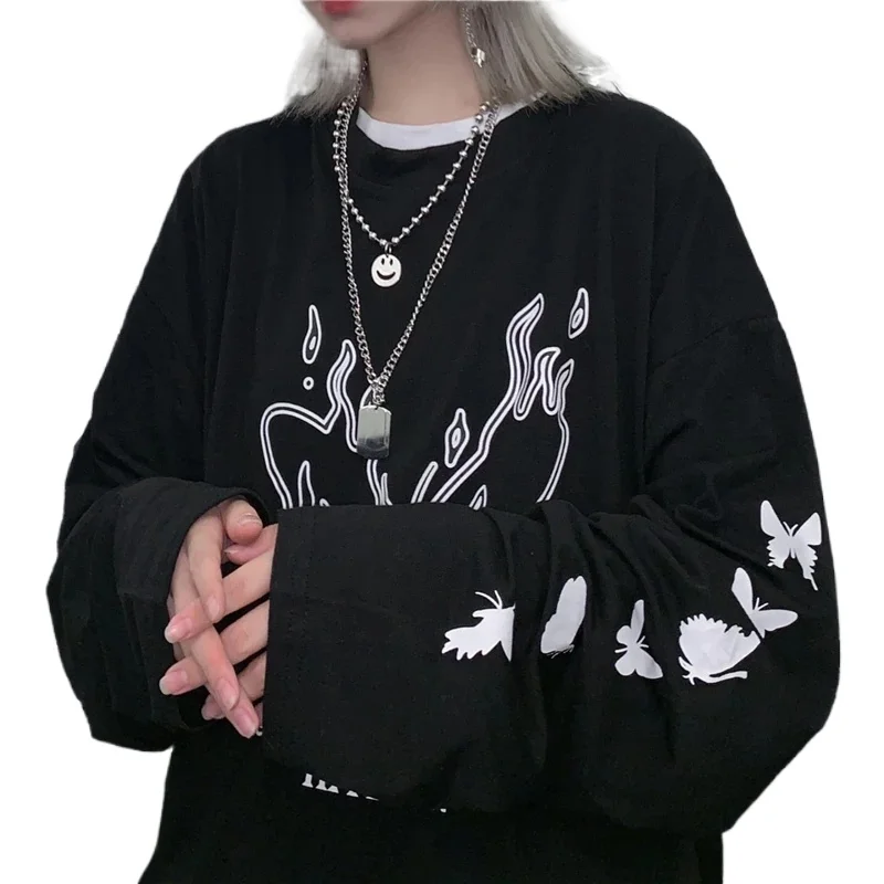 

Women Spring Summer T Shirts Korean Harajuku Style Vintage Printing Loose Bf Style Bottoming Tee Shirt Female Thin Black Tops