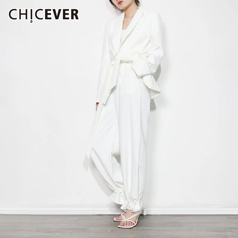 

CHICEVER минималистичный Повседневный Белый брючный костюм для женщин, блейзер с длинным рукавом, прямые широкие брюки, Женский комплект из дву...