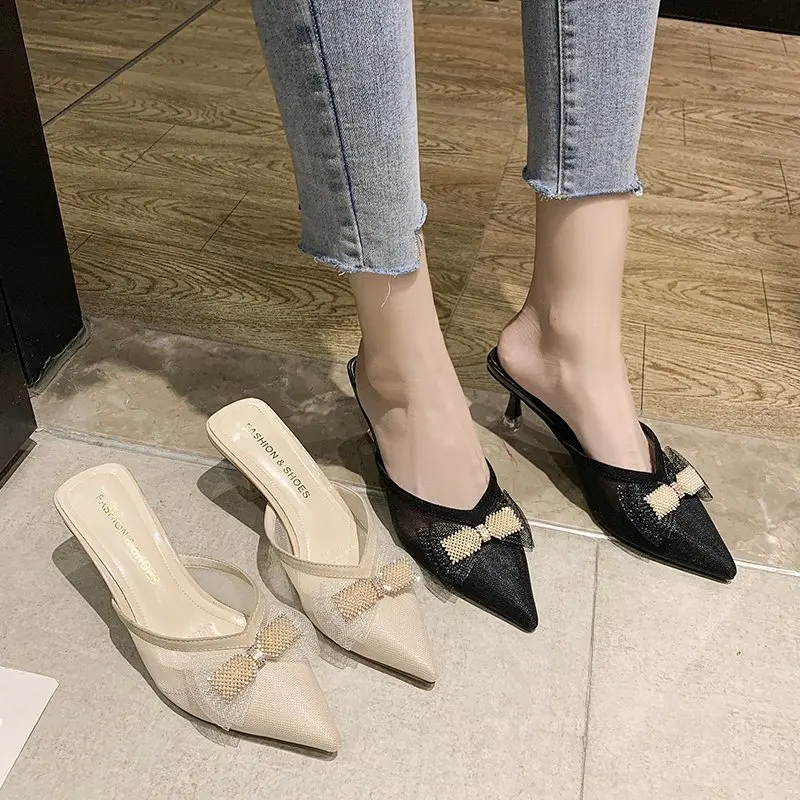 

Female Shoes Butterfly-Knot Womens Slippers Outdoor Med Cover Toe Slides Fashion Thin Heels Heeled Mules 2021 Luxury High