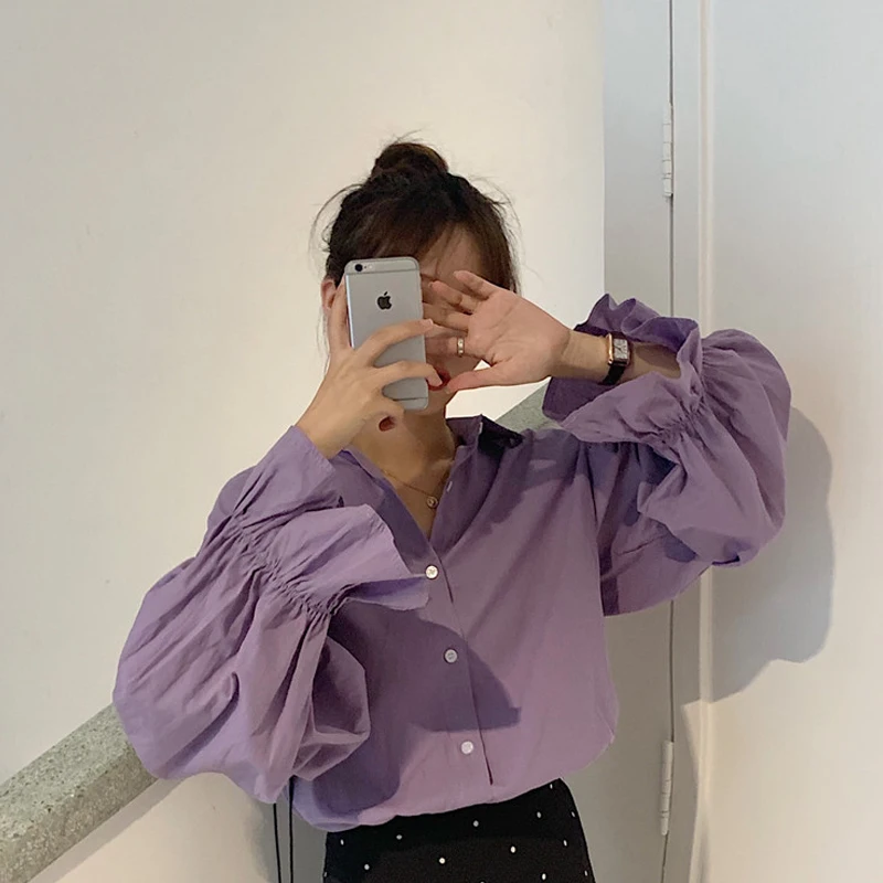 

Loose Casual Flare Sleeve Shirts Korean Fashion Turn-down Collar Solid Blouse Women Clothing Sweet Style Hipster New Ladies Tops