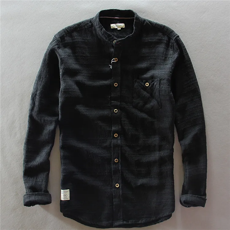 

spring summer slim fit mandarin collar long sleeve nartural cotton linen shirt wash comfortable shirts for men khaki